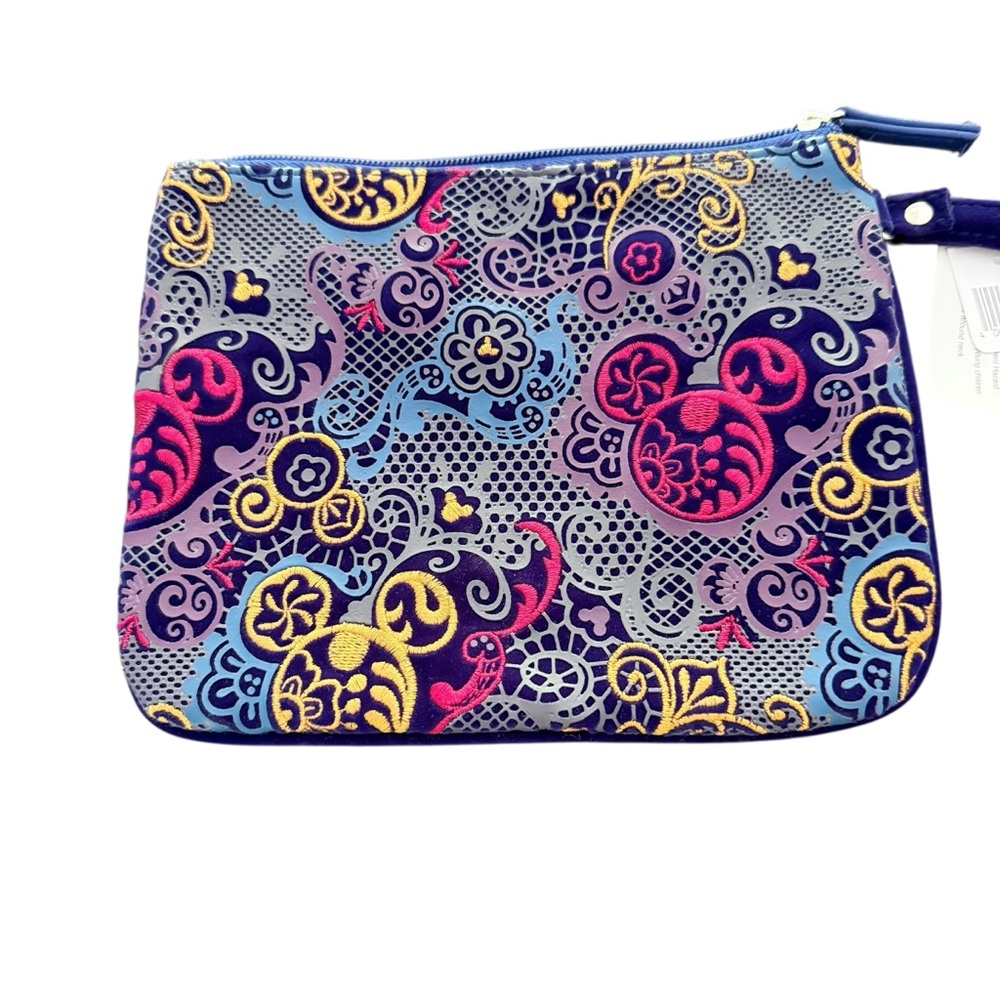 Disney Parks Pink Gold Stitched Mickey Mouse Blue Velvet Wristlet Bag 6.5X8" NEW